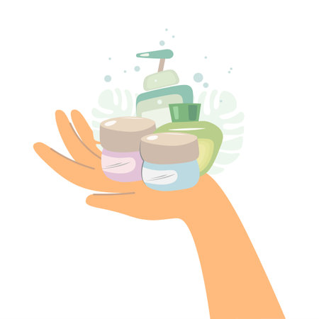 A woman holds cosmetics in her hands. Shopping. Organic cosmetics. Spa treatments. Female illustration. Vector isolated illustrationのイラスト素材