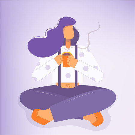 Faceless female character with coffee sitting on the floor.A woman drinks coffee in the morning in the lotus position. Vector design illustrations for postcards, posters, hot drinks advertising.のイラスト素材