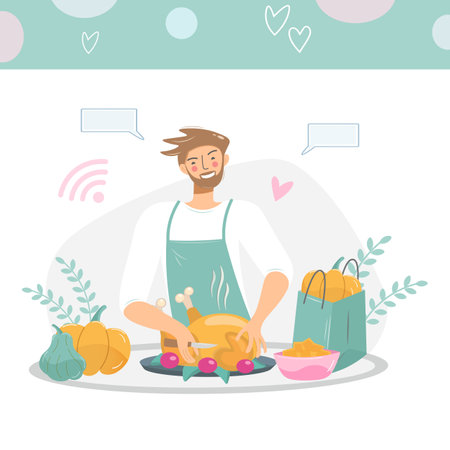 A food blogger tells how to cook a turkey, chicken for a festive dinner. The male character is preparing a vlog. The chef is in the kitchen. Cartoon people vector illustration. Cooking class banner.のイラスト素材