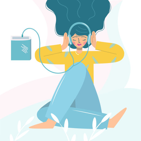 A beautiful young girl in headphones listens to an audiobook. The concept of audiobooks. A woman listens to books online, enjoys literature, learns languages. Flat vector illustrationのイラスト素材