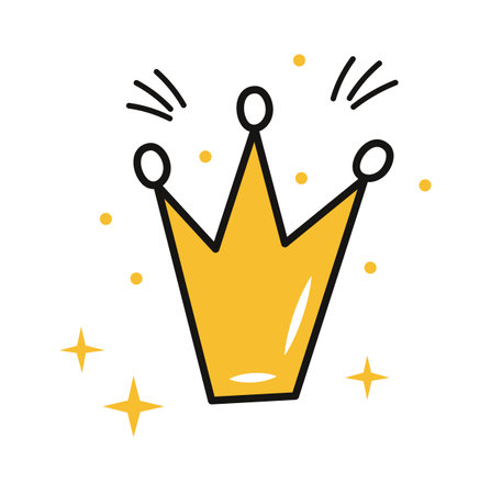 Golden royal crown for princess. Doodle, yellow crown icon with black outline. Hand drawn graphic modernist element.のイラスト素材