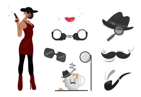Detective set. Design of a female character with equipment. Icon set elements: lady detective, bowler hat, pipe, coffee cup, handcuffs, magnifying glass, mustache, lips, glasses. Vector illustration.のイラスト素材