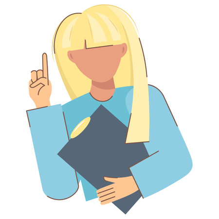 Young woman holding a folder on a white background. Elegant blonde woman pointing her finger. Office Administrative Assistant. Clipboard concept vector illustration in cartoon flat style.のイラスト素材