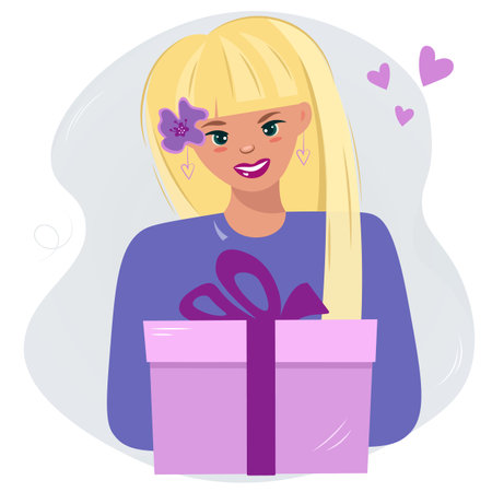 The girl is holding a gift. Gift and surprise concept. Young happy woman, positive cartoon character with gift box for birthday or other holiday. Vector illustration with love.のイラスト素材