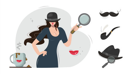 Detective set. Lady detective. Original detective female character design with equipment. Icon set elements: bowler hat, pipe, coffee cup, magnifying glass, mustache, lips. Vector illustration, retroのイラスト素材