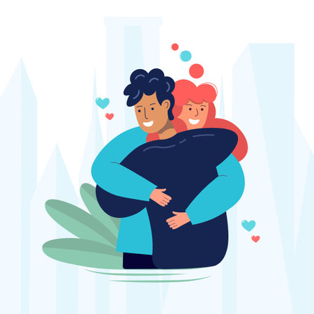 Meeting and parting of lovers or relatives. People hug. Girl hugging boyfriend - vector illustration in flat style. Concept - farewell, meeting, hugのイラスト素材