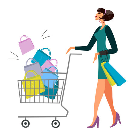 Vector illustration of a lady in an evening dress with a shopping basket. Beautiful modern young woman pushing a shopping trolley in a supermarket.のイラスト素材