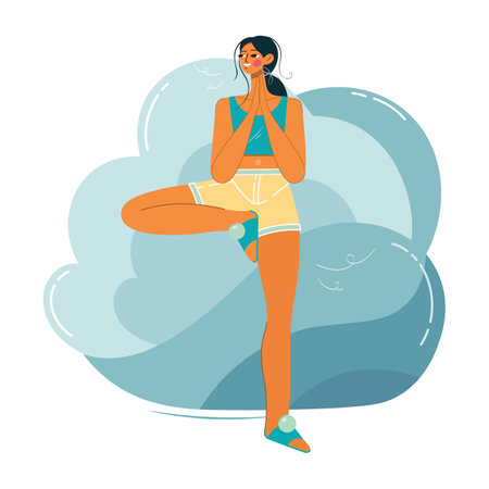 A young woman does yoga standing on one leg. A girl in the pose of a mountain. Vector flat illustrationのイラスト素材