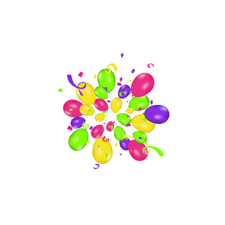 Color composition of vector realistic balloons and Colorful confetti burstisolated on white background. Balloons isolated. For Birthday greeting cards or other designs.のイラスト素材