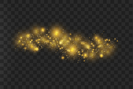 The dust is yellow. yellow sparks and golden stars shine with special light. Vector sparkles on a transparent background. Christmas light effect. Sparkling magical dust particles.のイラスト素材
