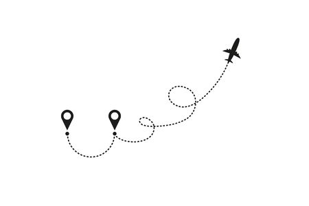 Tourism and travel concept. Airplane line path on white background. Vector icon of air plane flight route with dash line trace, start point and transfer point. Vector illustration.のイラスト素材