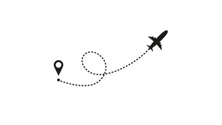 Tourism and travel concept. Airplane line path on white background. Vector icon of air plane flight route with dash line trace, start point and transfer point. Vector illustration.のイラスト素材