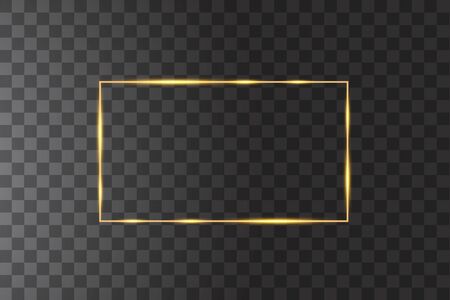 Vector golden frame with lights effects. Shining rectangle banner. Isolated on black transparent background. Vector illustrationのイラスト素材
