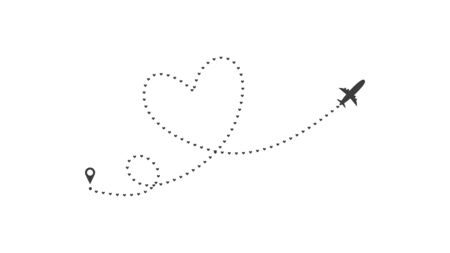 Love airplane route. Heart dashed line trace and plane routes isolated on white background. Romantic wedding travel, Honeymoon trip. Hearted plane path drawing. Vector illustration.のイラスト素材