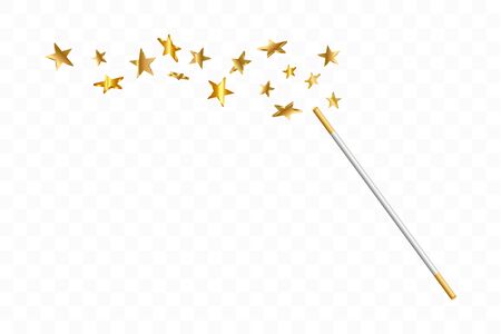Magic wand with 3d stars on transparent background. Trace of gold dust. Magic abstract background isolated. Miracle and magic. Vector illustrationのイラスト素材