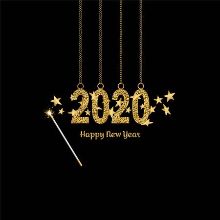 Happy New Year gold number 2020. Bright golden design with sparkle and Magic wand with 3d stars. Holiday glitter typography for Christmas banner, calendar, decoration, greeting card Vector illustrationのイラスト素材