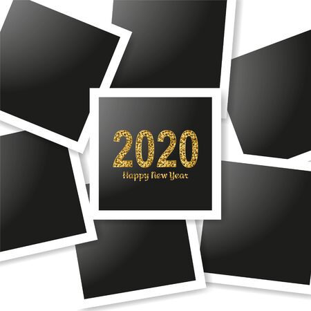 Happy New Year gold number 2020 and frames photo collage on white background. Bright golden design with sparkle. Holiday glitter typography for Christmas banner, calendar, decoration, greeting card Vector illustrationのイラスト素材