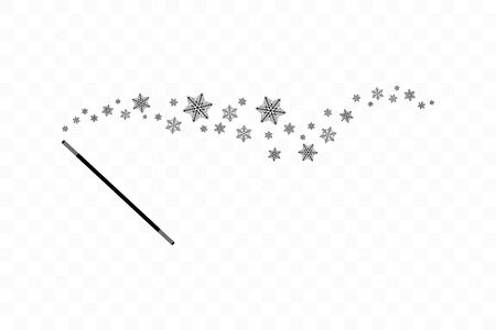 Magic wand with a snowflakes. Trace of black dust. Magic abstract background isolated on on transparent background. Miracle and magic. Vector illustration flat design.のイラスト素材