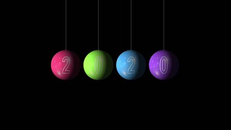 Set of the Christmas and New Year multicolored Balls and text 2020 on black background. Merry...