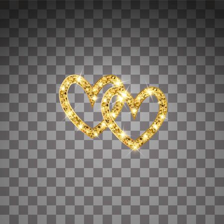 Gold glitter vector two hearts. Golden sparcle St. Valentines day card. Luxouy design element. Amber particles on transparent background.のイラスト素材