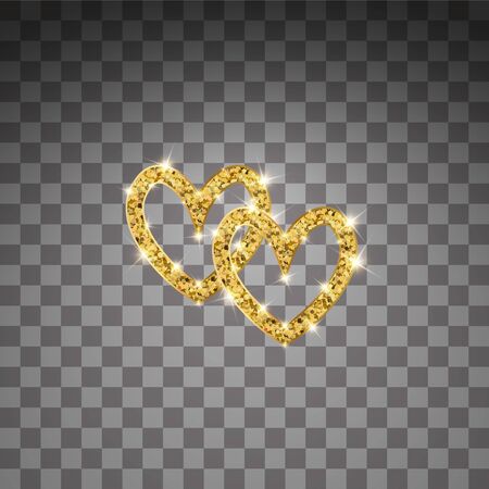 Gold glitter vector two hearts. Golden sparcle St. Valentines day card. Luxouy design element. Amber particles on transparent background.のイラスト素材