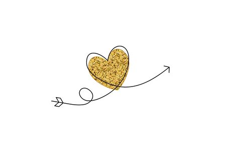 Cupid s arrow in the continuous drawing of lines in the form of a golden heart in a flat style. Continuous black line. Work flat design. Symbol of love and tenderness.のイラスト素材