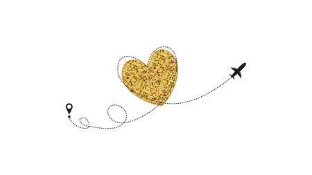 Love airplane route. Golden Heart dashed line trace and plane routes isolated on white background. Romantic wedding travel, Honeymoon trip. Hearted plane path drawing. Vector illustrationのイラスト素材