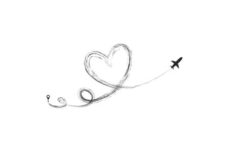 Plane and its track in the shape of a heart on white background. Vector illustration. Aircraft flight path and its route.のイラスト素材