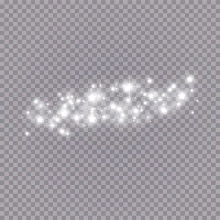 The dust sparks and white stars shine with special light. Vector sparkles on a transparent background. Christmas light effect. Sparkling magical dust particles.のイラスト素材