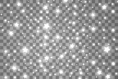 The dust sparks and white stars shine with special light. Vector sparkles on a transparent background. Christmas light effect. Sparkling magical dust particles.のイラスト素材