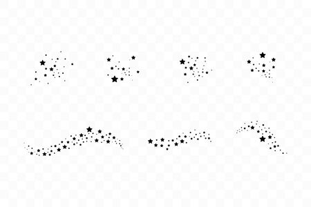 Set of black falling stars. Cloud of black stars isolated on transparent background. Vector illustration. Meteoroid, comet, asteroid, starsのイラスト素材