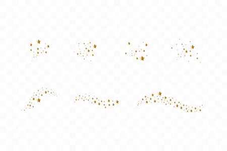 Set of golden falling stars. Cloud of golden stars isolated on transparent background. Vector illustration. Meteoroid, comet, asteroid, starsのイラスト素材
