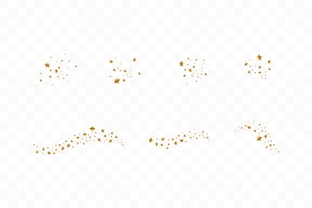Set of golden falling stars. Cloud of golden stars isolated on transparent background. Vector illustration. Meteoroid, comet, asteroid, starsのイラスト素材
