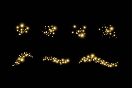 Set of starry cloud with dust. The dust is yellow sparks and golden stars shine with special light. Vector sparkles on a black background. Christmas light effect. Sparkling magical dust particlesのイラスト素材