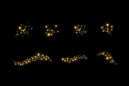 Set of starry cloud with dust. The dust is yellow sparks and golden stars shine with special light. Vector sparkles on a black background. Christmas light effect. Sparkling magical dust particlesのイラスト素材