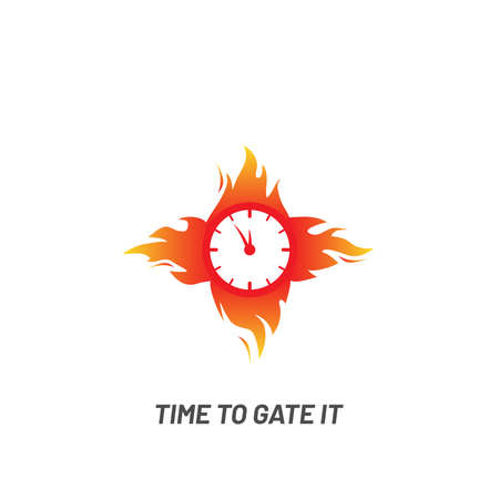 Clock in fire. Time icon Burning wall watch with flames isolated on white background in flat vector illustration.のイラスト素材