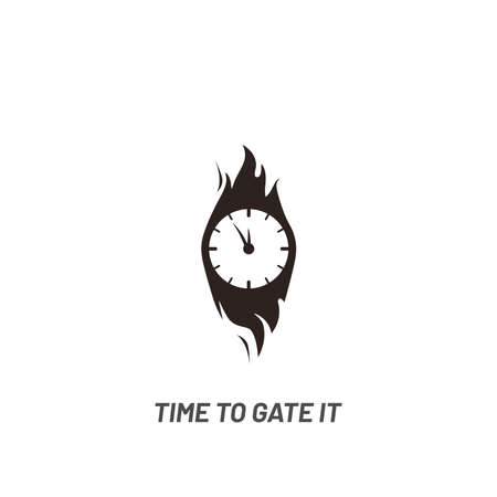 Clock in fire. Time icon. Burning wall watch with flames isolated on white background in flat vector illustration.のイラスト素材