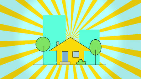 Concept of construction flat style house and rotation sun, isolated on blue background.の写真素材