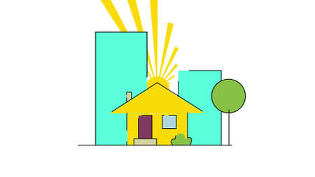 Concept of construction flat style house and rotation sun, isolated on white background.の写真素材