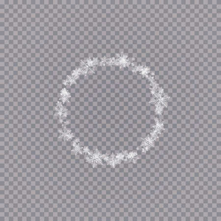 Round winter snow frame border with stars, sparkles and snowflakes on transparent background. Festive christmas banner, new year greeting card, postcard or invitation vector illustrationのイラスト素材