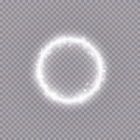 Round winter snow frame border with stars, sparkles and snowflakes on transparent background. Festive christmas banner, new year greeting card, postcard or invitation vector illustrationのイラスト素材