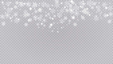 White snow flies on a transparent background. Christmas snowflakes. Winter blizzard background illustration.のイラスト素材