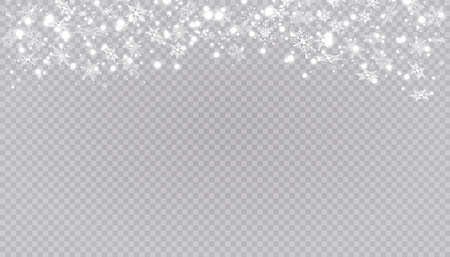 White snow flies on a transparent background. Christmas snowflakes. Winter blizzard background illustration.のイラスト素材