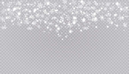White snow flies on a transparent background. Christmas snowflakes. Winter blizzard background illustration.のイラスト素材