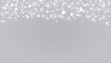 White snow flies on a transparent background. Christmas snowflakes. Winter blizzard background illustration.のイラスト素材