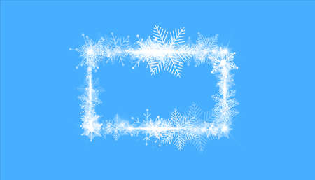 Rectangular winter snow frame border with stars, sparkles and snowflakes on blue background. Festive christmas banner, new year greeting card, postcard or invitation vector illustrationのイラスト素材