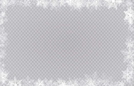 Rectangular winter snow frame border with stars, sparkles and snowflakes on transparent background. Festive christmas banner, new year greeting card, postcard or invitation vector illustrationのイラスト素材
