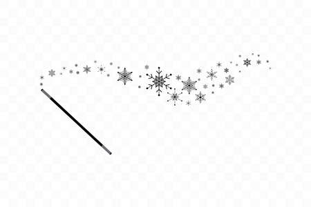 Magic wand with a snowflakes. Trace of black dust. Magic abstract background isolated on on transparent background. Miracle and magic. Vector illustration flat design.のイラスト素材
