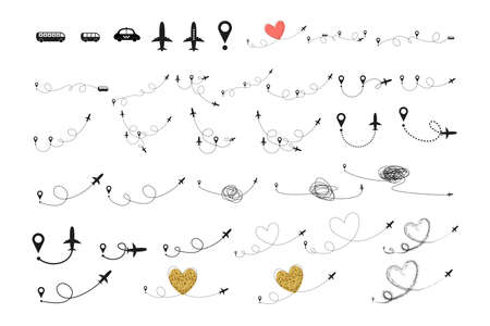 Set icons of travel way by plane or bus, taxi. Takeoff and landing of a passenger plane. Flight route infographic elements. Flight by airplane, aviation tourism vector isolated illustrations collection.のイラスト素材