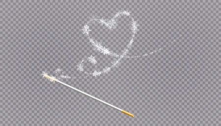 Magic wand with heart shaped snowflakes in a flat style in continuous drawing lines. Trace of white dust. Magic abstract background isolated on on transparent background. Miracle and magic. Vector illustration flat designのイラスト素材